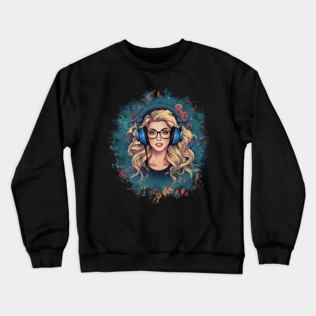 Illustration - Stylish Blonde Lady Immersed in Music, Enjoying the Beats with Headphones in a Chic Design Setting. Crewneck Sweatshirt by Art KateDav